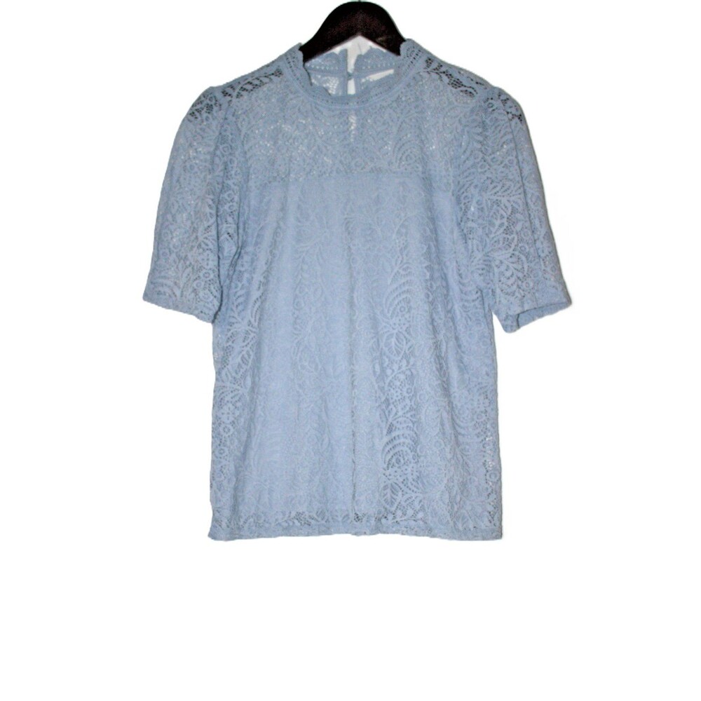 Adiva Womens Size Medium Lace Floral Top Blouse Short Sleeve Boho Light Blue - Picture 3 of 9